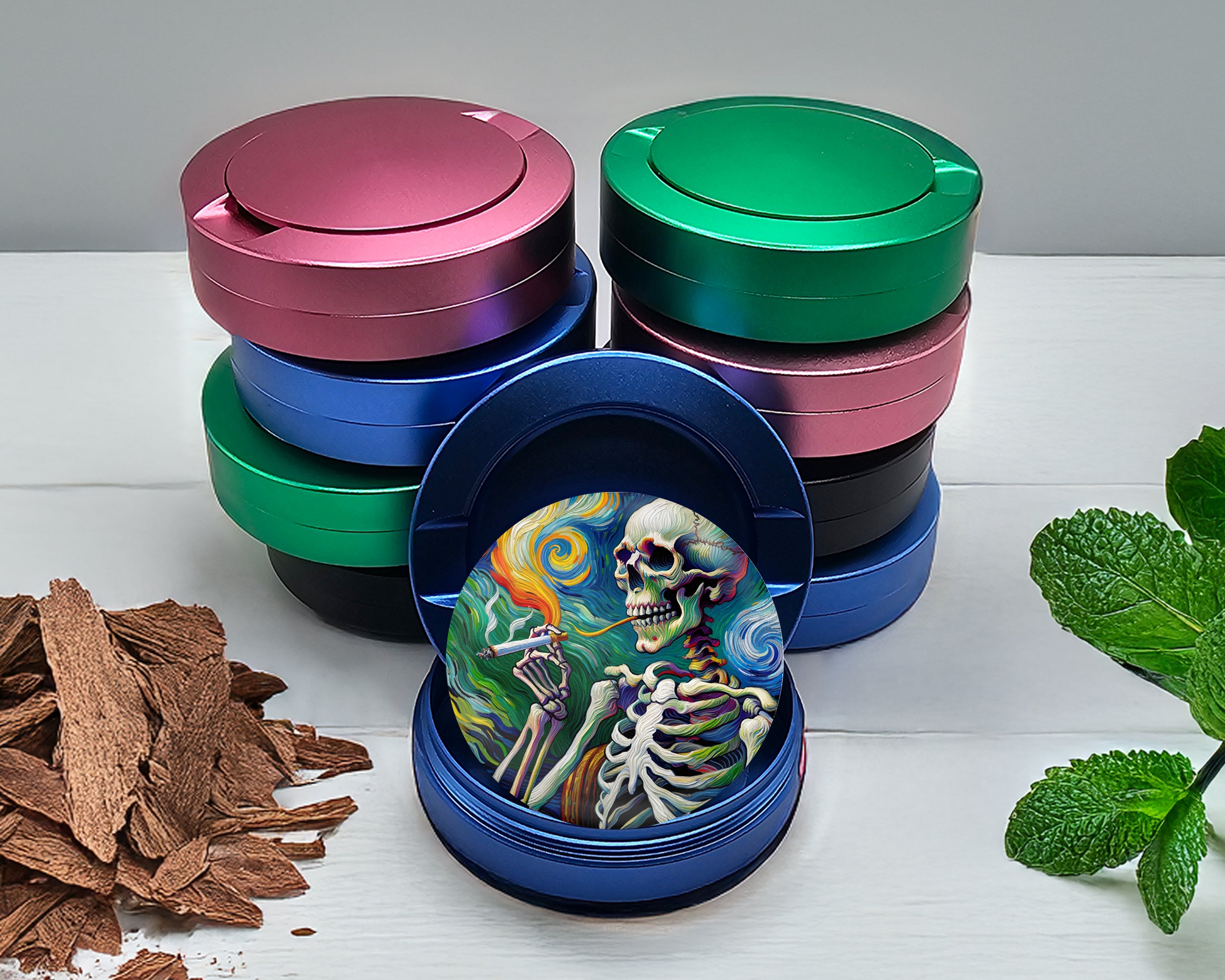 Skeleton Grinder Van Gogh Style Snus Storage Case Blue