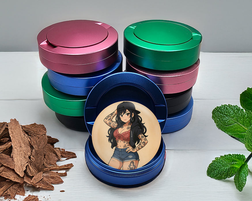 Anime Retro Pin-Up Girl with Long Hair and Tattoos Snus Storage Case Blue