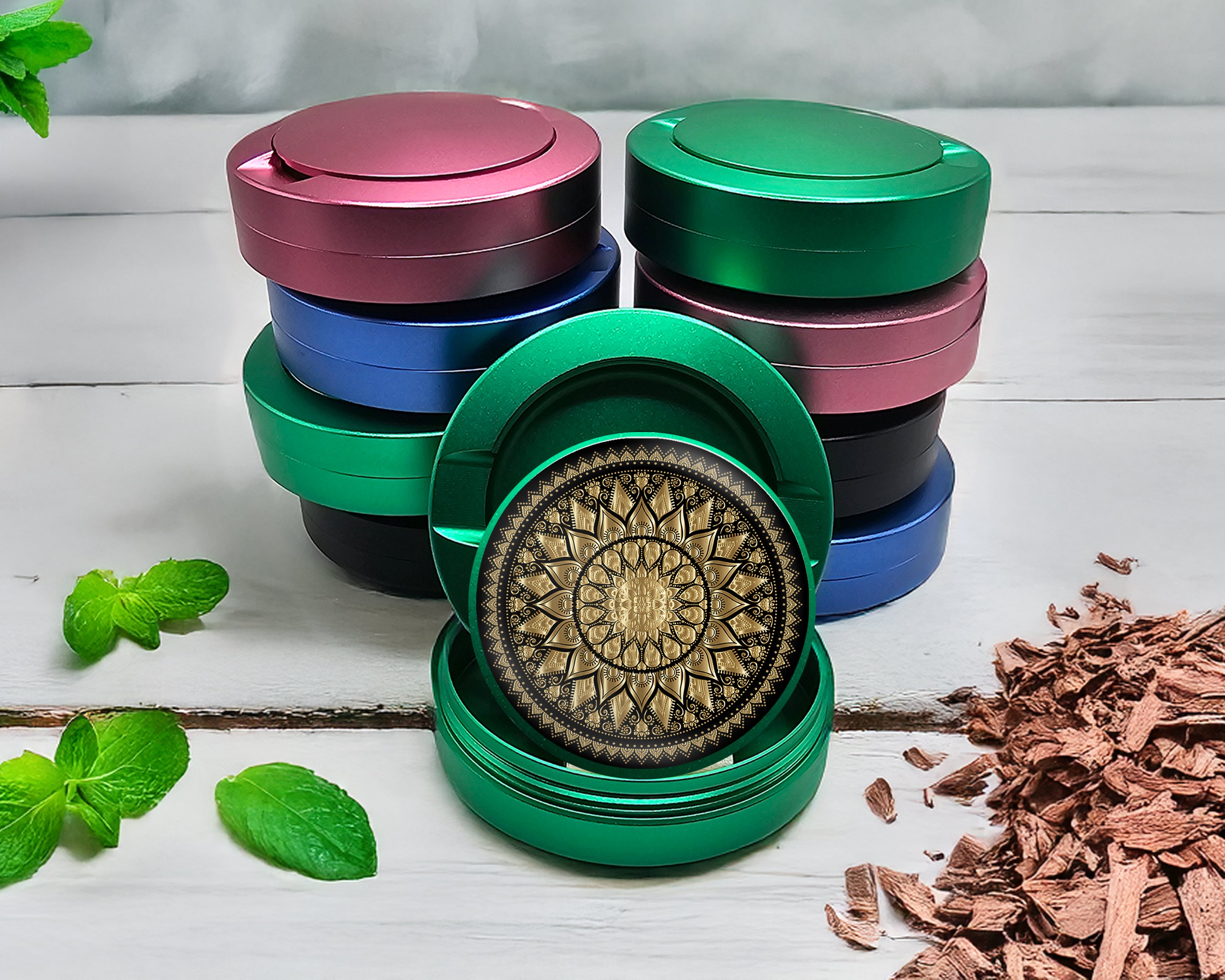Green Mandala Grinder Black And Gold Snus Storage Case