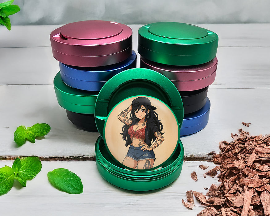 Green Anime Retro Pin-Up Girl with Long Hair and Tattoos Snus Storage Case