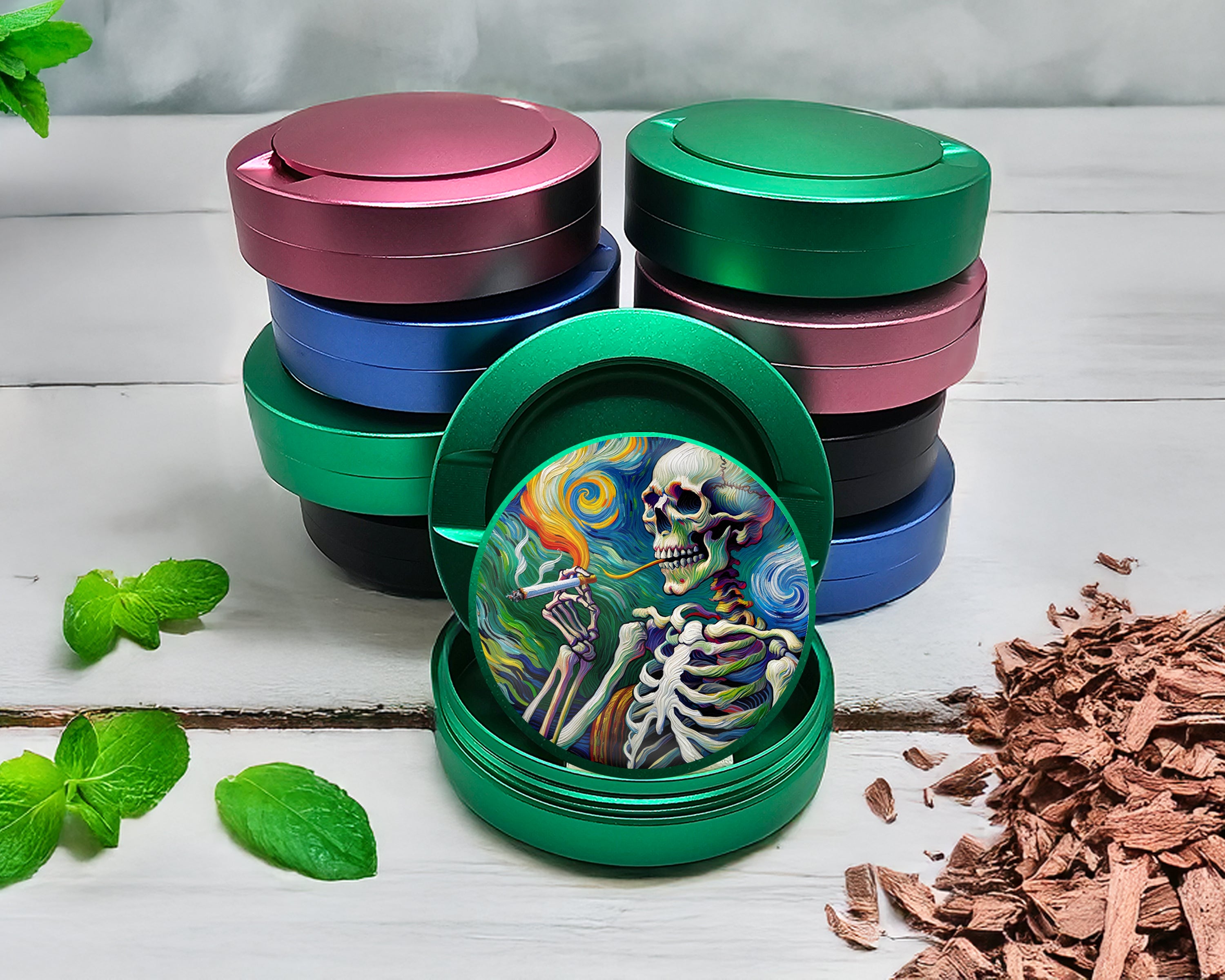 Green Skeleton Grinder Van Gogh Style Snus Storage Case