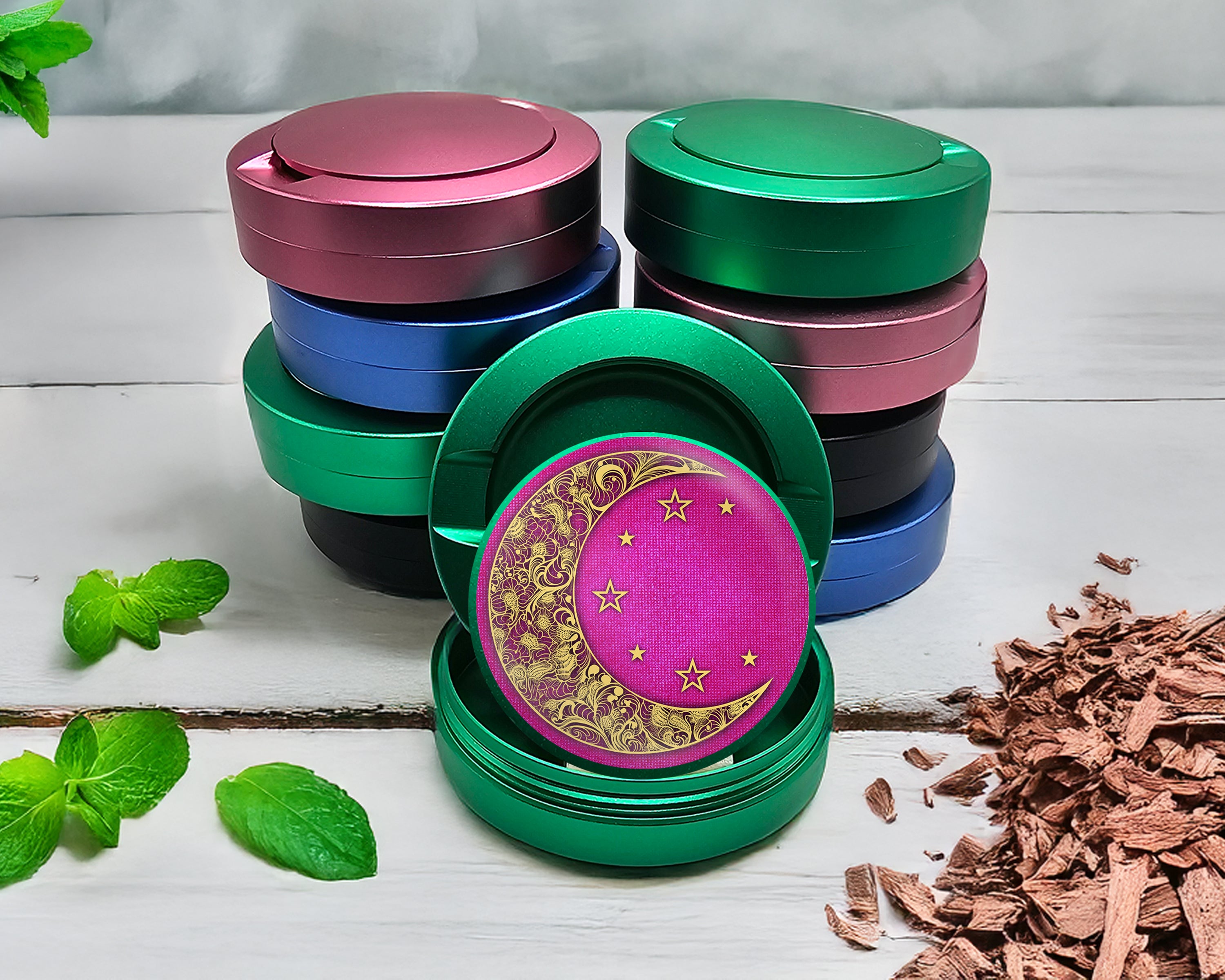 Green Girly Pink Crescent Moon and Stars Snus Storage Case