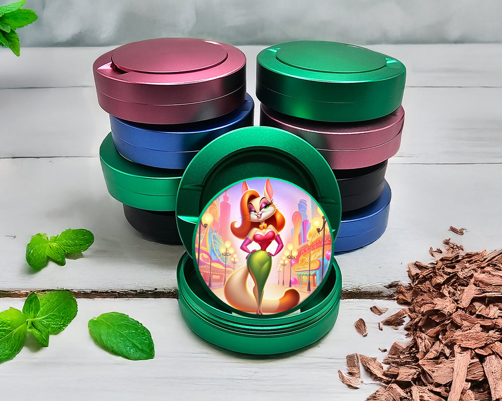 Green Jessica Rabbit as a Cat Grinder, Bombshell Feline Animated Snus Storage Case