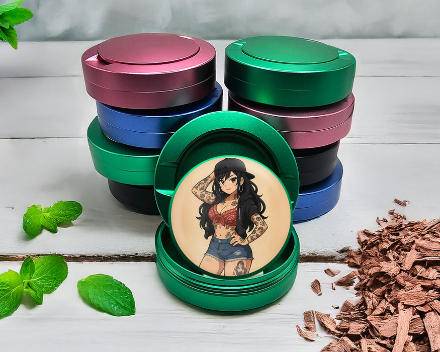 Green Anime Retro Pin-Up Girl with Long Hair and Tattoos Snus Storage Case