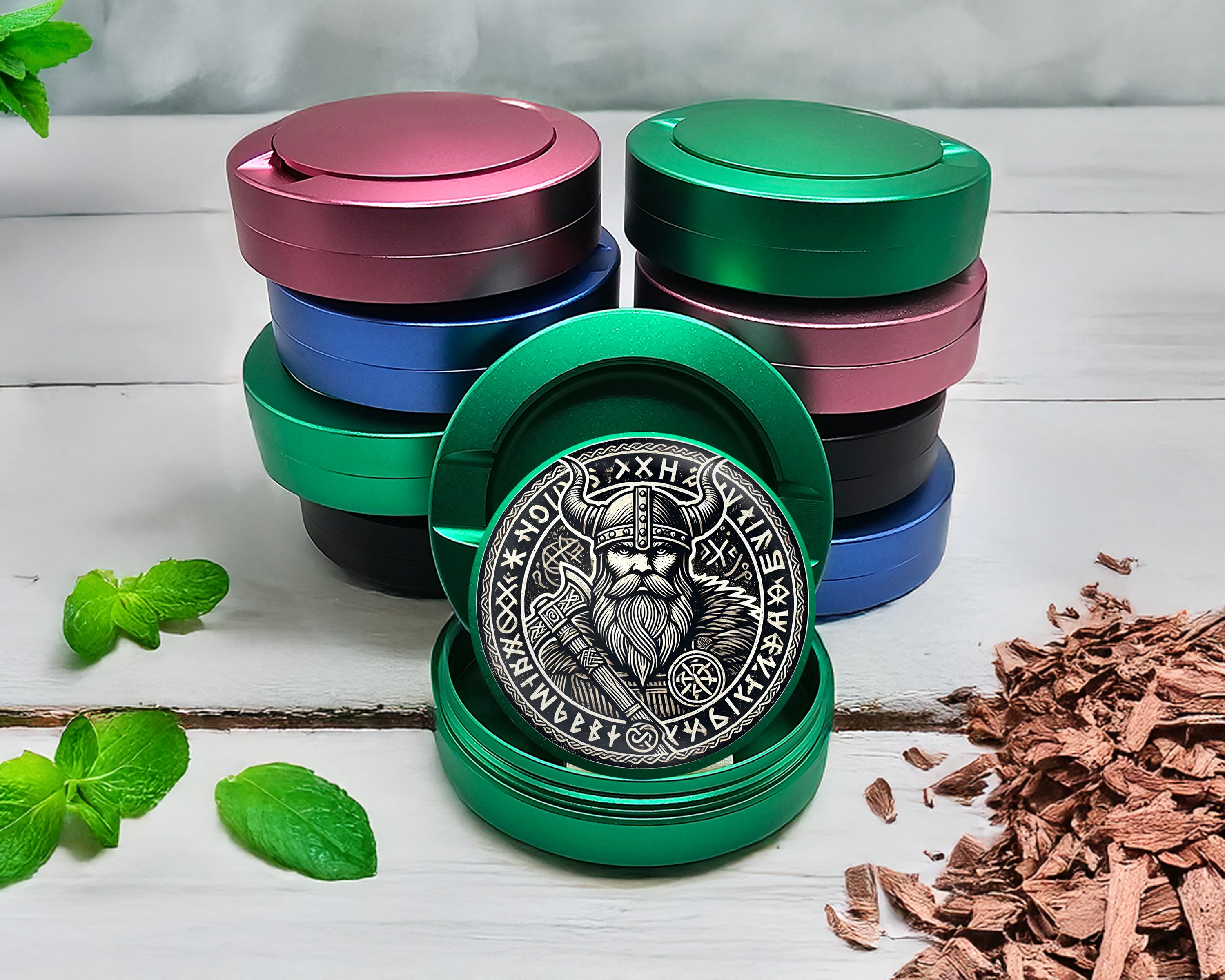 Green Viking Warrior Axe and Runes Snus Storage Case