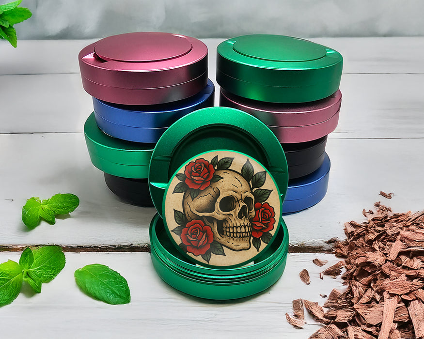 Green Skull with Red Roses Tattoo Flash Style Snus Storage Case