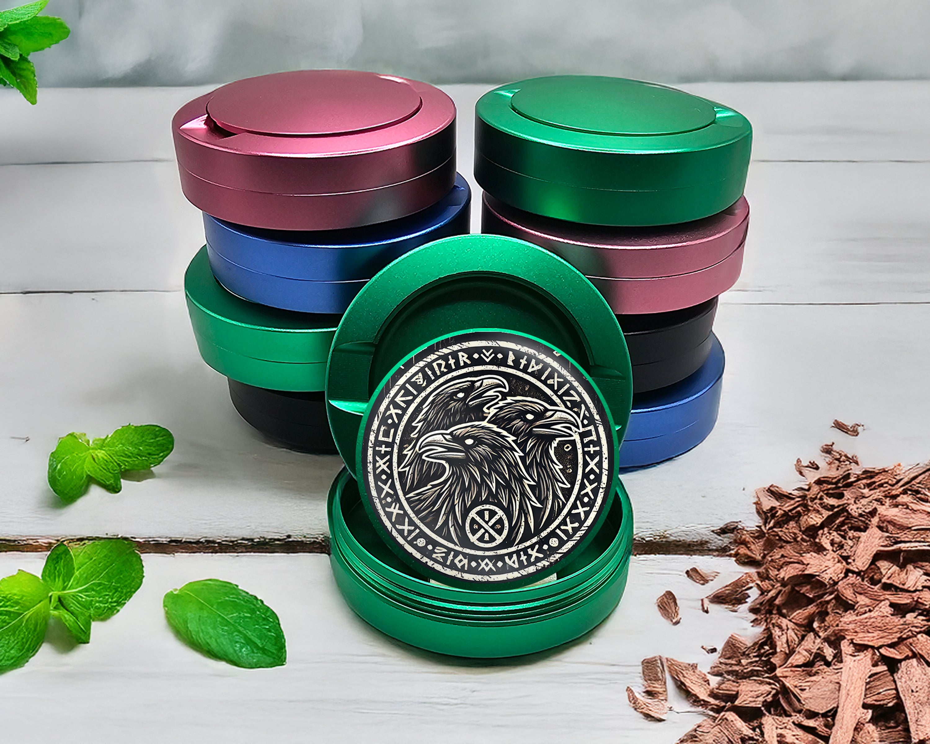 Green Norse Ravens Snus Holder, Huginn, Muninn, and Jack Snus Storage Case