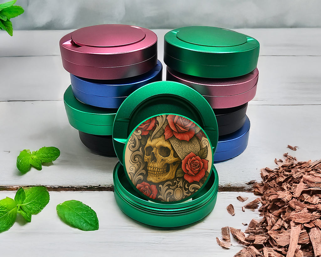 Green Grunge Skull and Rose Flash Art Circle Design Snus Storage Case