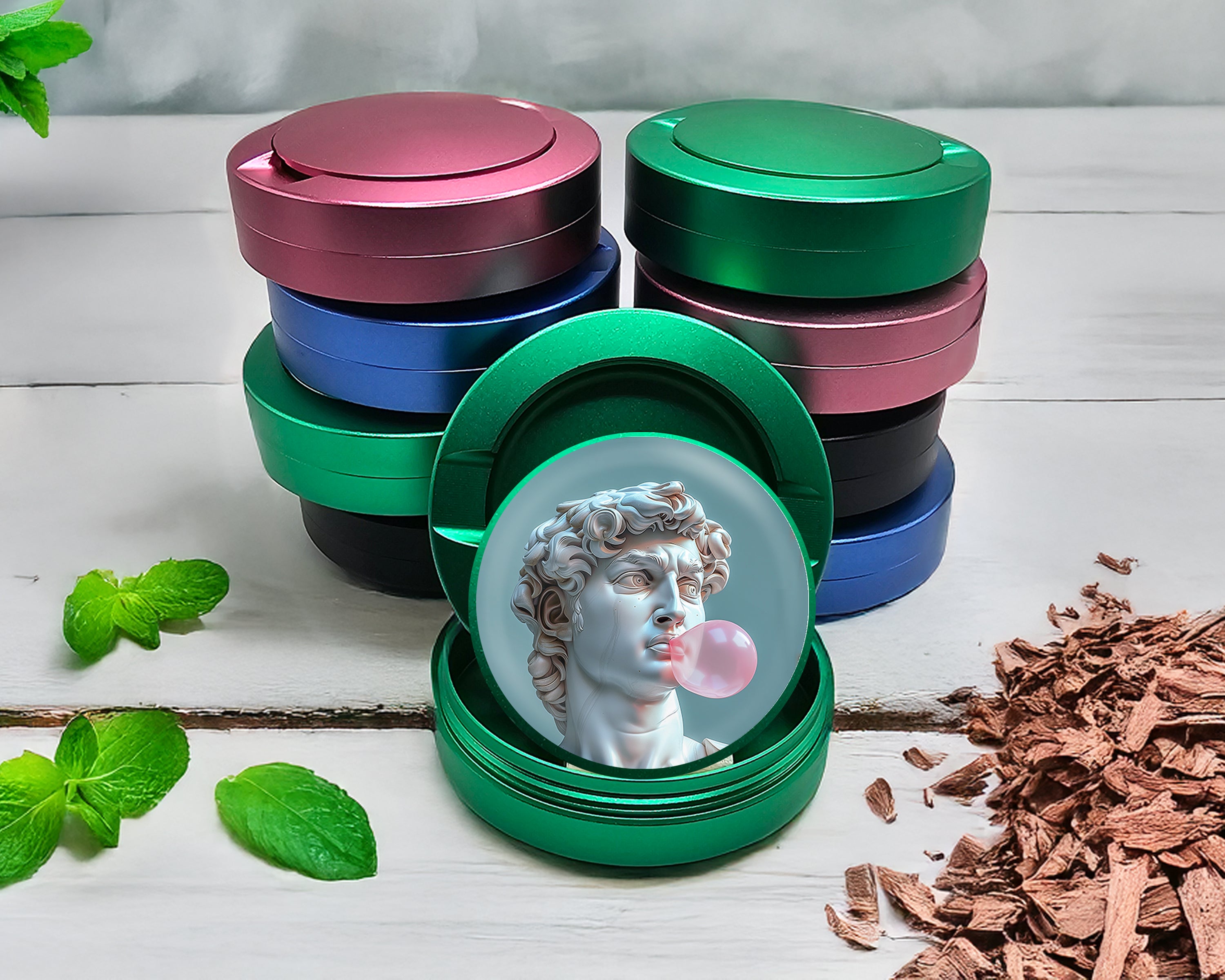 Green Michelangelo Statue Of David Blowing A Bubble Snus Storage Case