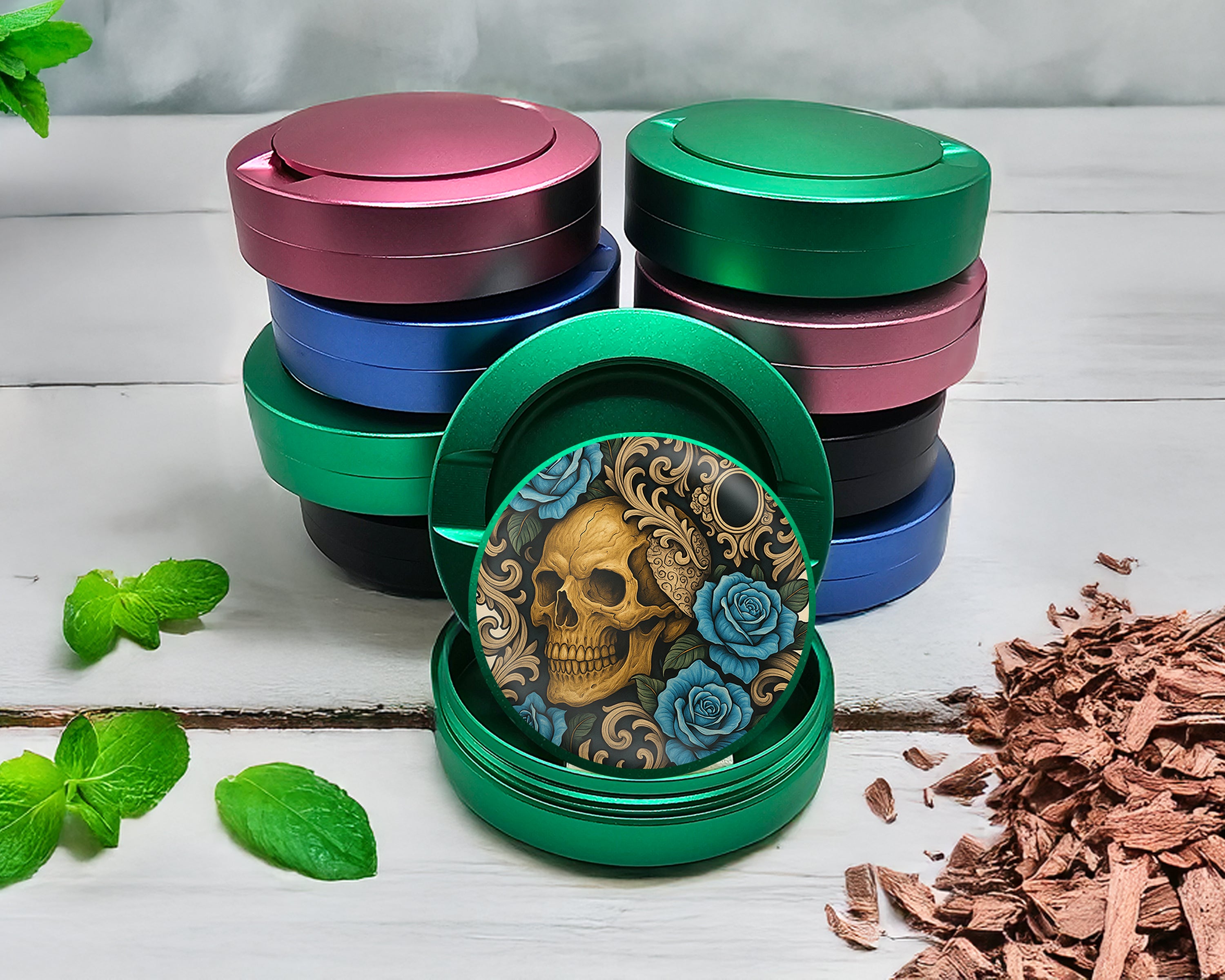 Green Gothic Skull with Roses and Chains Tattoo Aesthetic Snus Storage Case