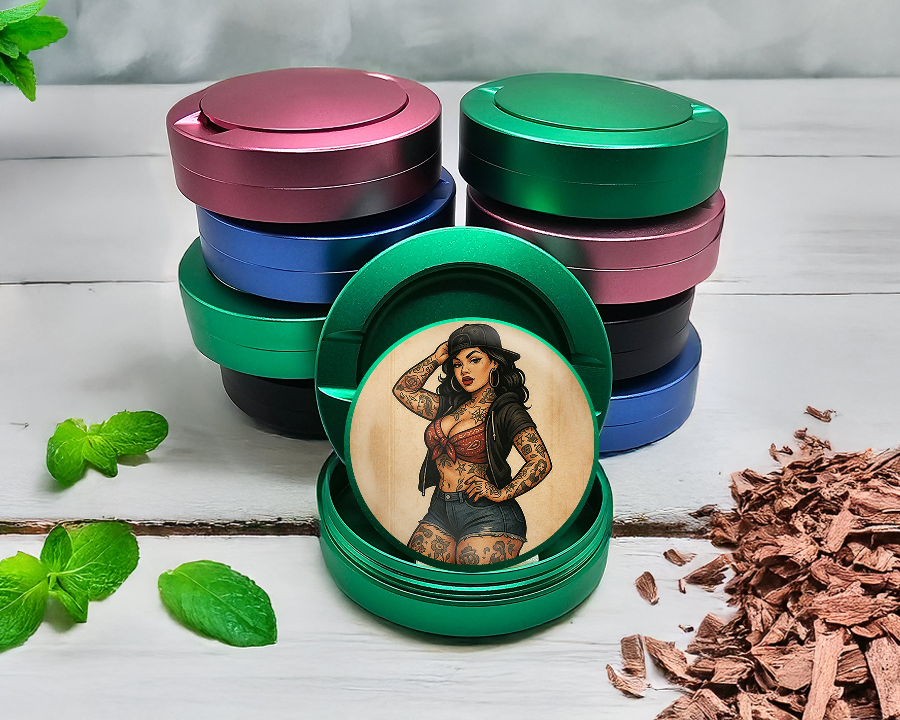 Green Pin-Up Girl with Tattoos Classic Rockabilly Style Snus Storage Case