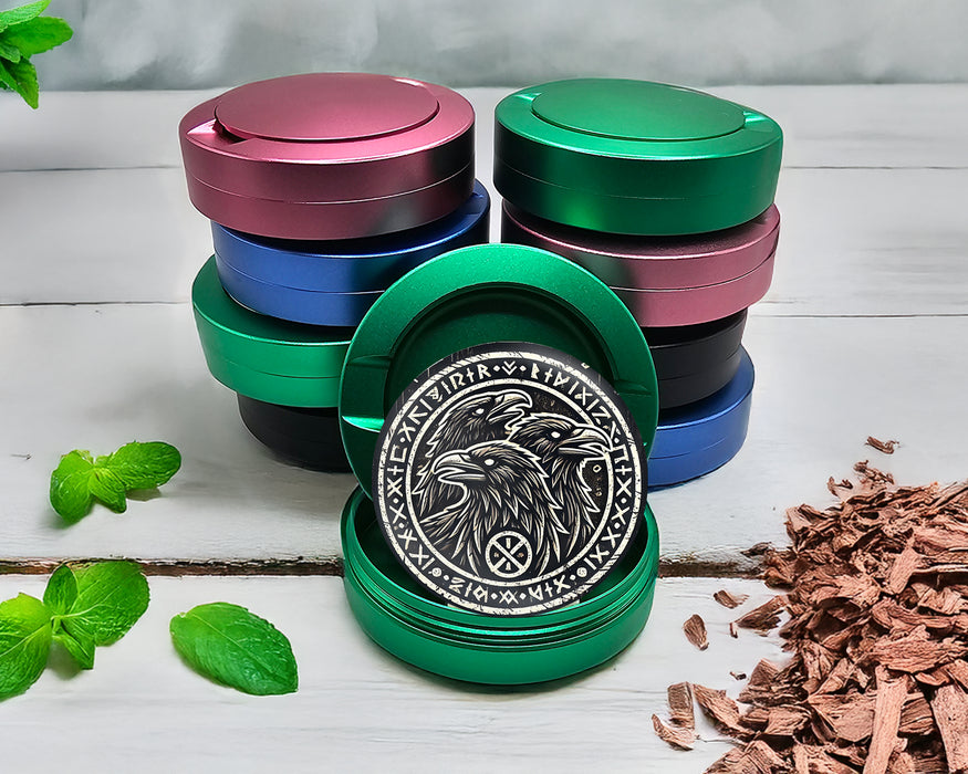 Green Norse Ravens Snus Holder, Huginn, Muninn, and Jack Zyn Storage Case