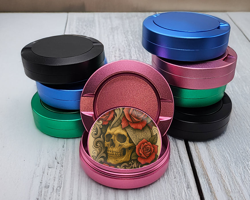 Grunge Skull and Rose Flash Art Circle Design Snus Storage Case Pink