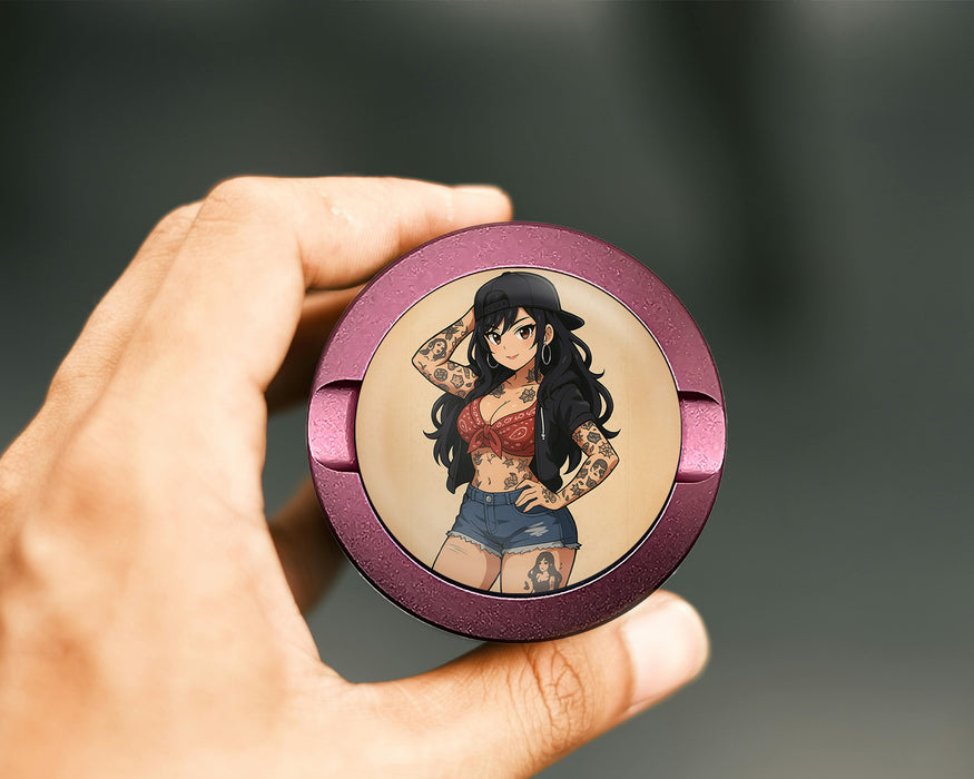 Anime Retro Pin-Up Girl with Long Hair and Tattoos Snus Storage Case Pink