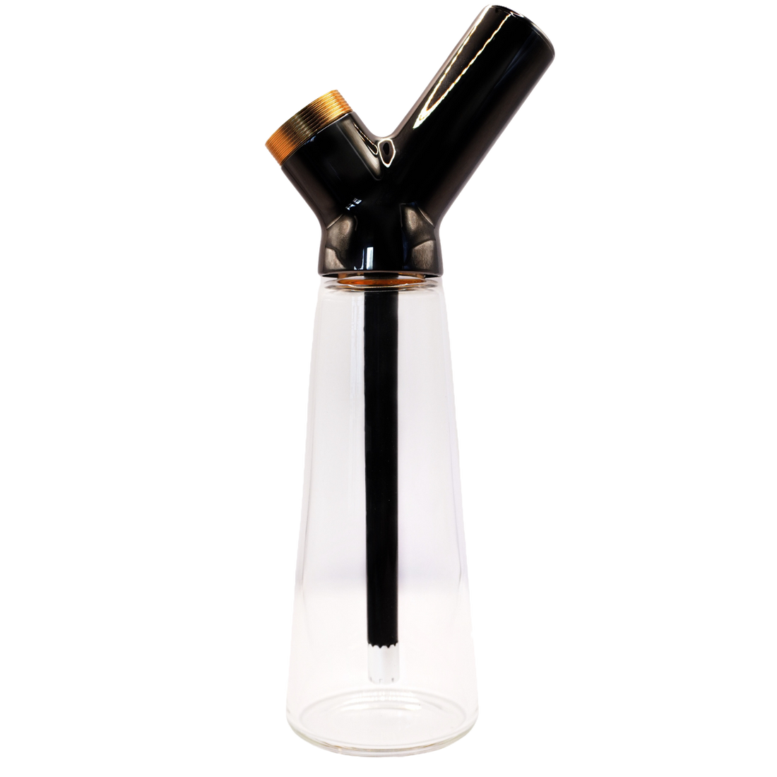 Elite glass water pipe with a clear tapered base, black angled top and gold-tone accents
