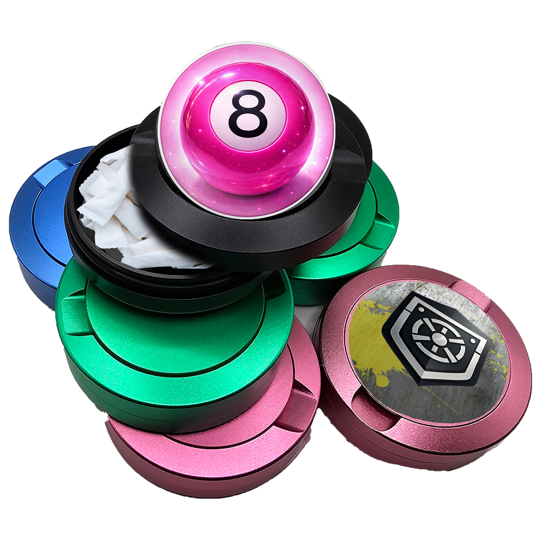 Pocket Vault cases in blue, green, pink and black, including an open case and a lid with pink 8-ball artwork