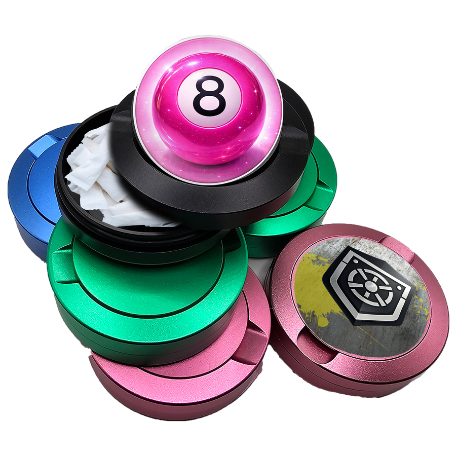 Pocket Vault cases in blue, green, pink and black, including an open case and a lid with pink 8-ball artwork