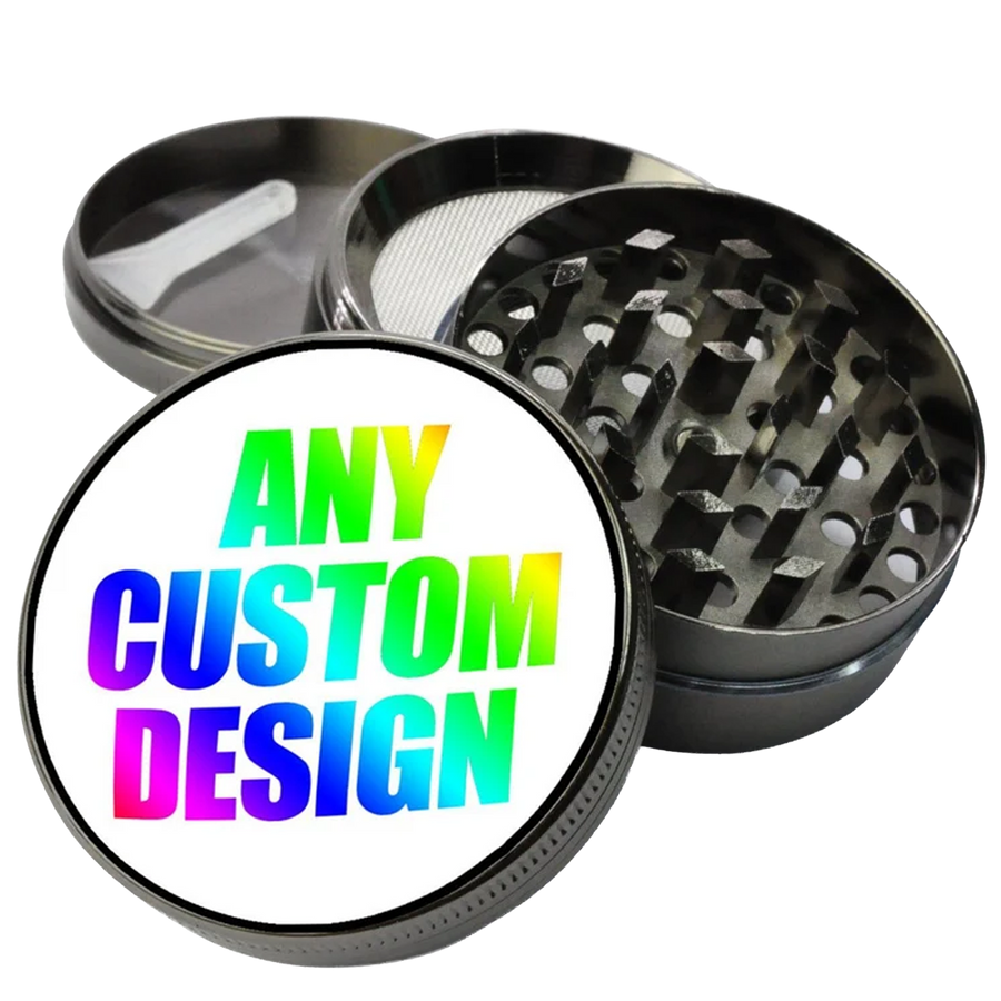 Grey custom herb grinder shown open with the words Any Custom Design in rainbow lettering on the lid