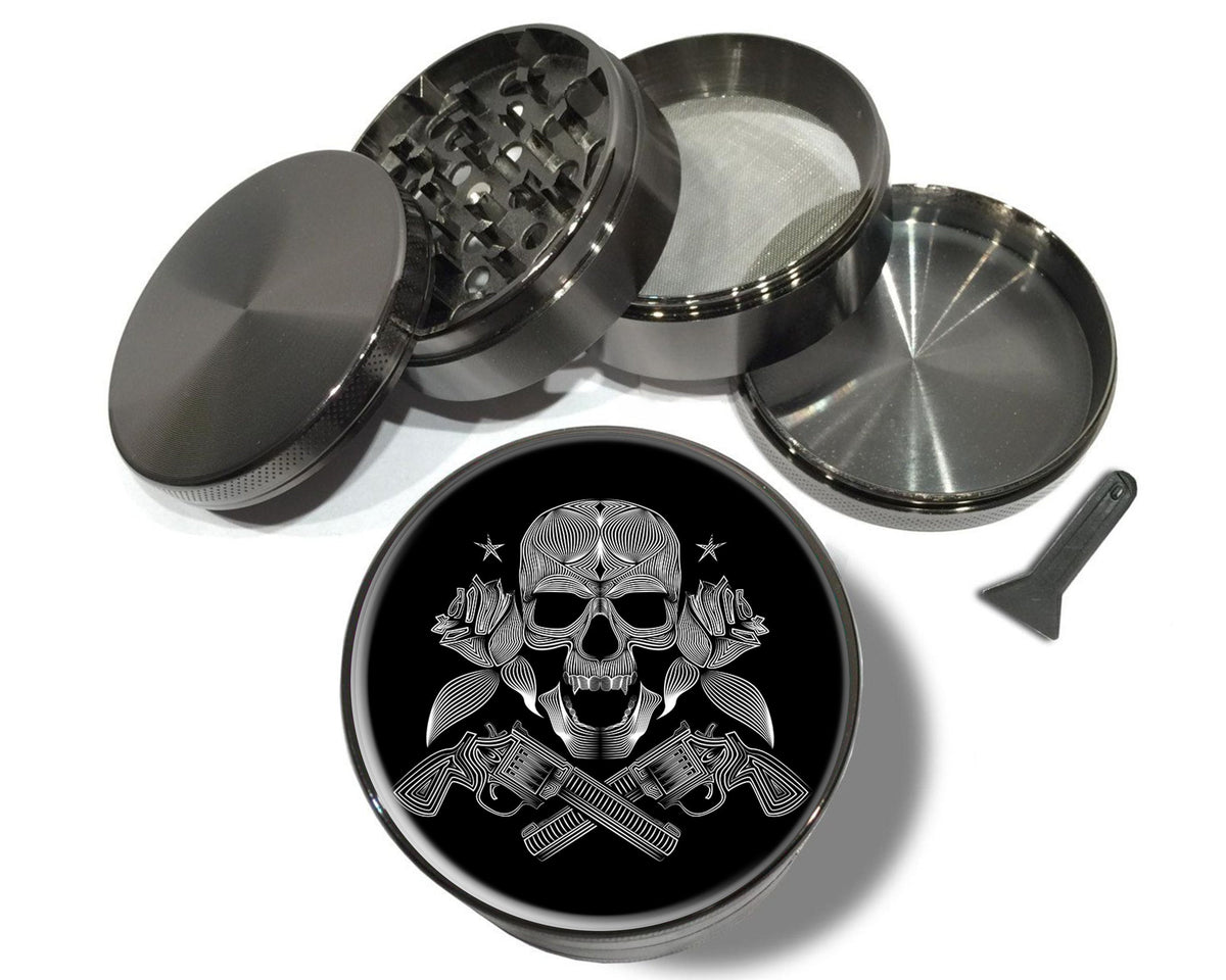 Skull and Crossed Revolvers Herb Grinder - open product view