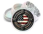 Distressed American flag design on pearl white herb grinder with open product view