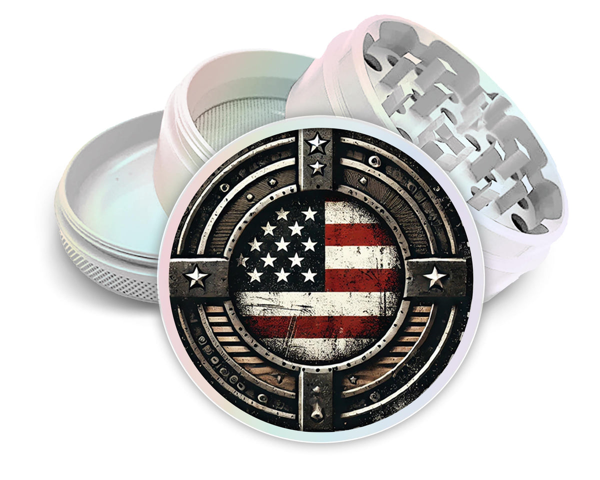 Distressed American flag design on pearl white herb grinder with open product view