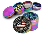 Distressed American flag design on rainbow herb grinder with open product view