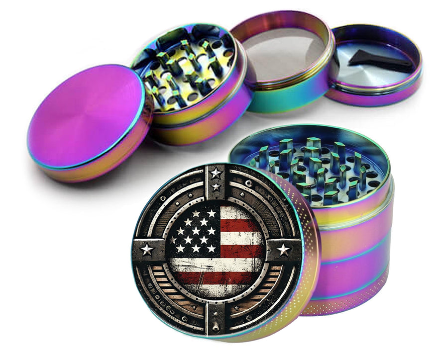 Distressed American flag design on rainbow herb grinder with open product view