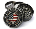 Distressed American flag design on grey herb grinder with open product view