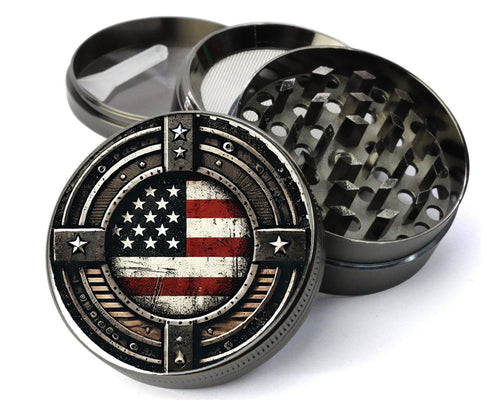Distressed American flag design on grey herb grinder with open product view