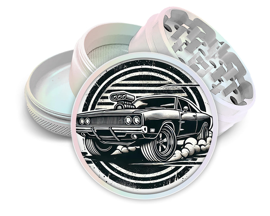 Classic American muscle car design on pearl white herb grinder with open product view
