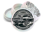 Classic American muscle car design on pearl white herb grinder with open product view