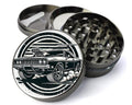 Classic American muscle car design on grey herb grinder with open product view