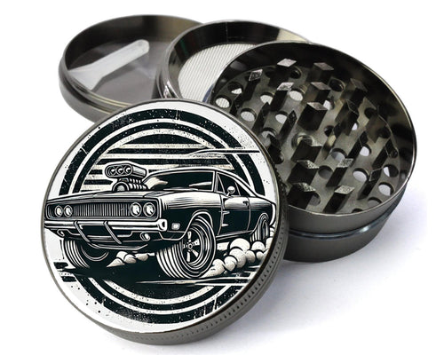 Classic American muscle car design on grey herb grinder with open product view
