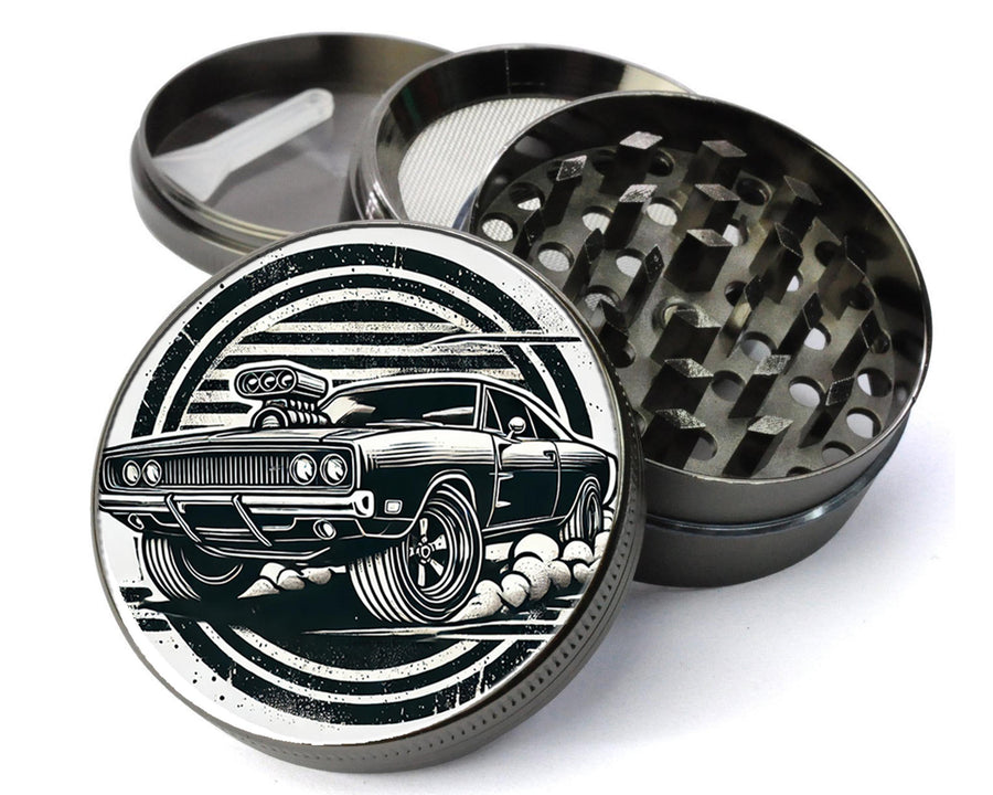 Classic American muscle car design on grey herb grinder with open product view