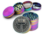 Norse hammer and knotwork design on rainbow herb grinder with open product view