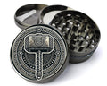 Norse hammer and knotwork design on grey herb grinder with open product view