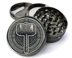 Norse hammer and knotwork design on grey herb grinder with open product view