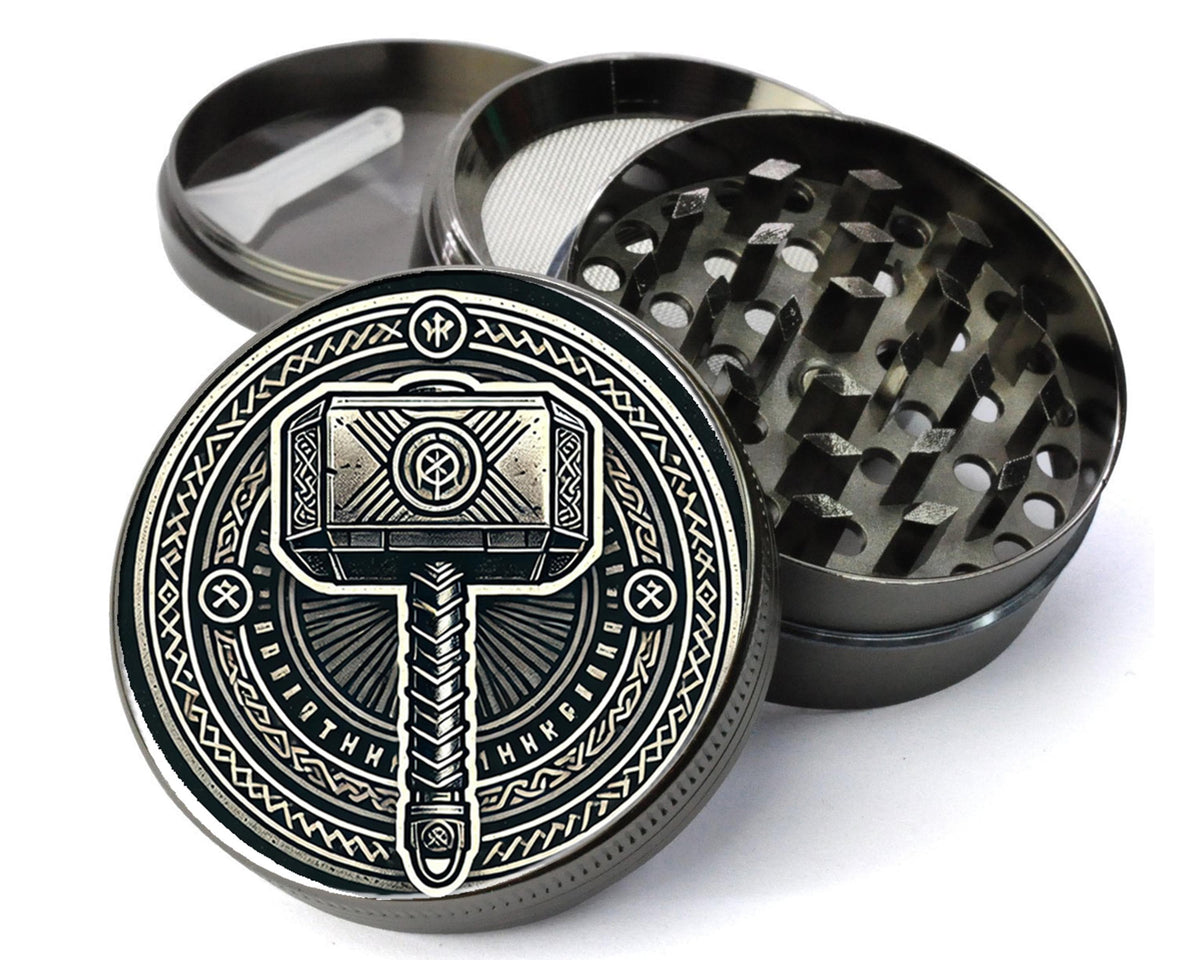 Norse hammer and knotwork design on grey herb grinder with open product view