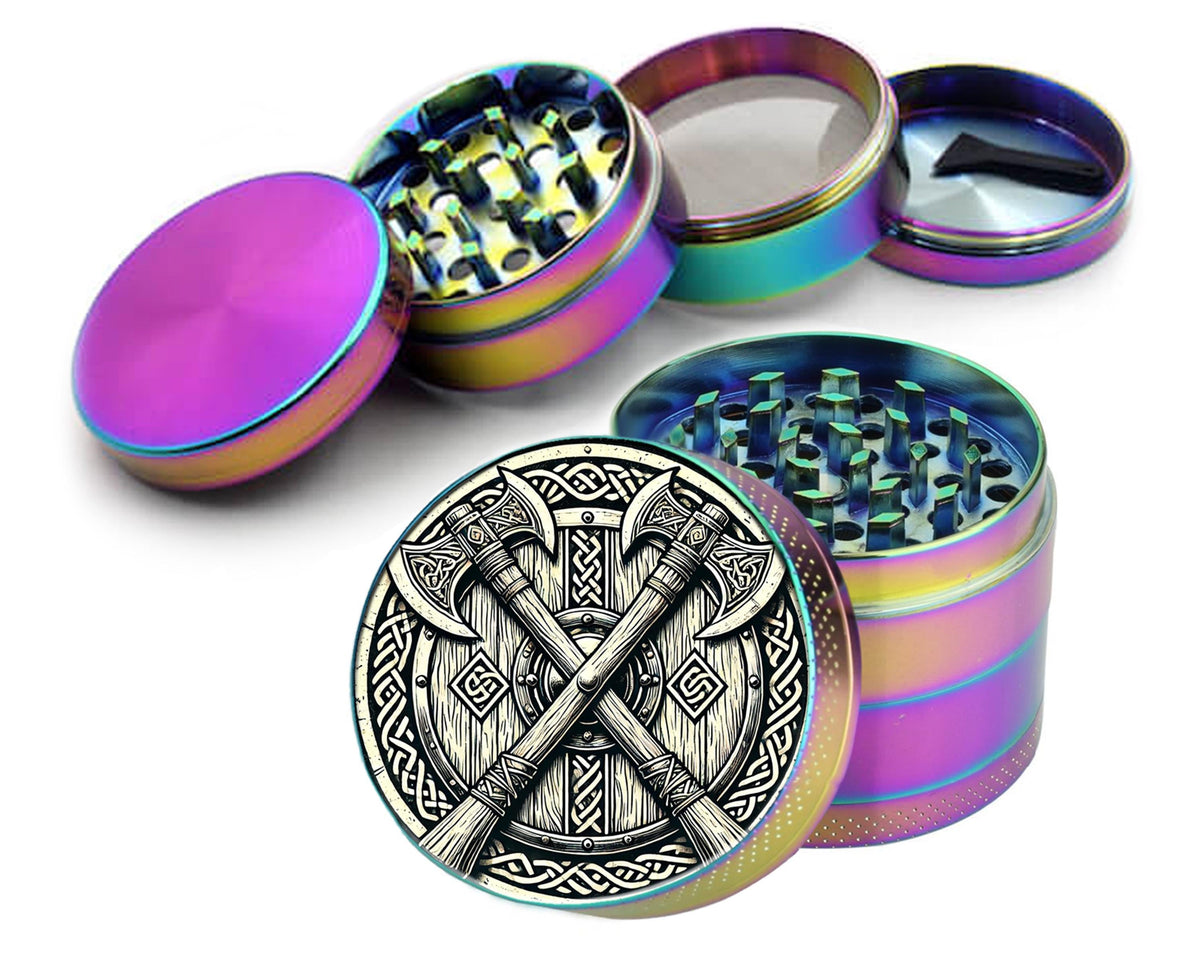Crossed Viking axes and shield design on rainbow herb grinder with open product view