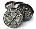 Crossed Viking axes and shield design on grey herb grinder with open product view