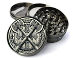 Crossed Viking axes and shield design on grey herb grinder with open product view