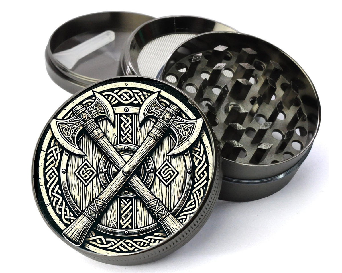 Crossed Viking axes and shield design on grey herb grinder with open product view