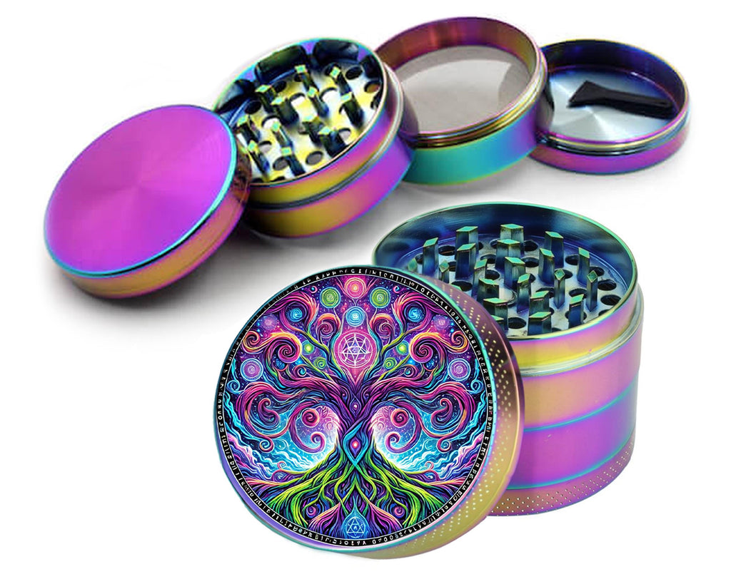 Colorful Yggdrasil Tree Herb Grinder - rainbow open product view