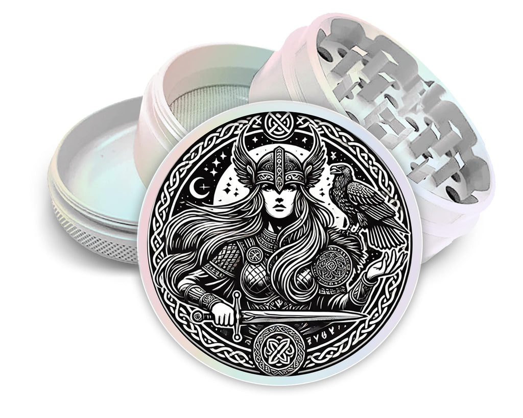 Norse goddess and knotwork design on pearl white herb grinder with open product view