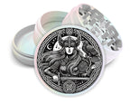 Norse goddess and knotwork design on pearl white herb grinder with open product view
