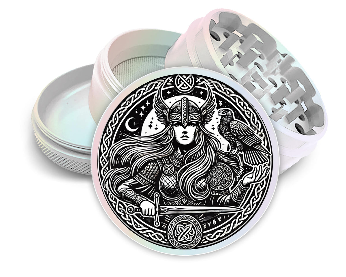 Norse goddess and knotwork design on pearl white herb grinder with open product view