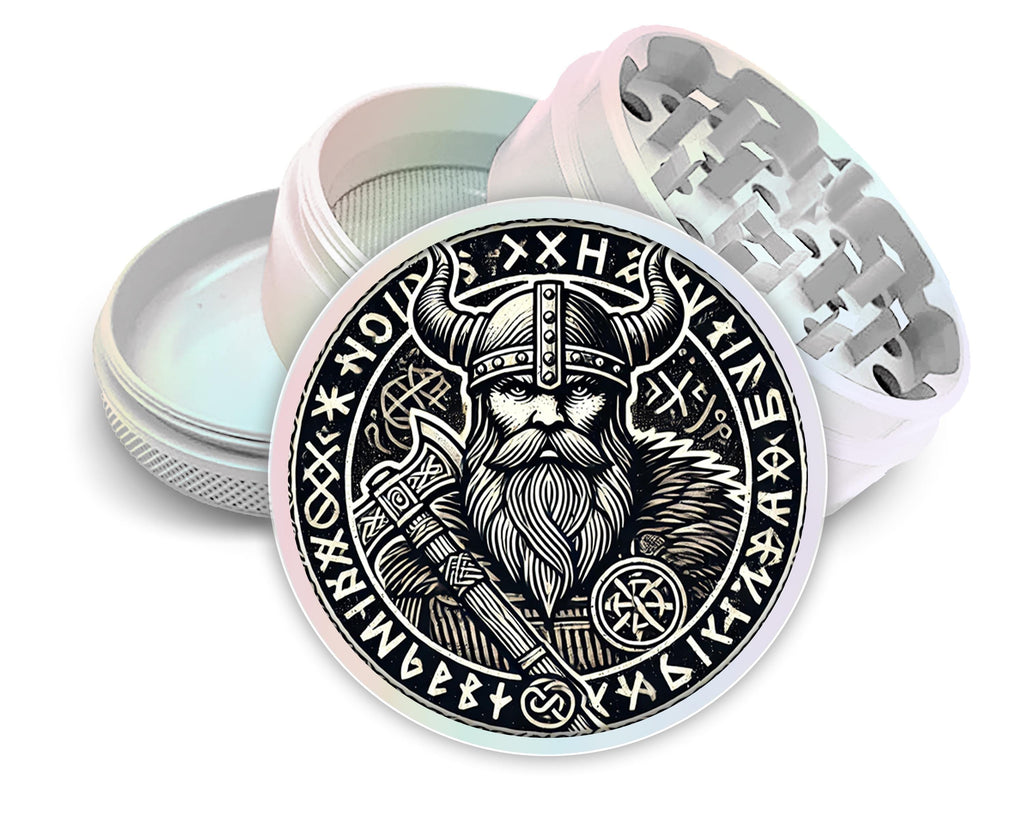 Viking warrior and runes design on pearl white herb grinder with open product view