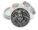 Viking warrior and runes design on pearl white herb grinder with open product view