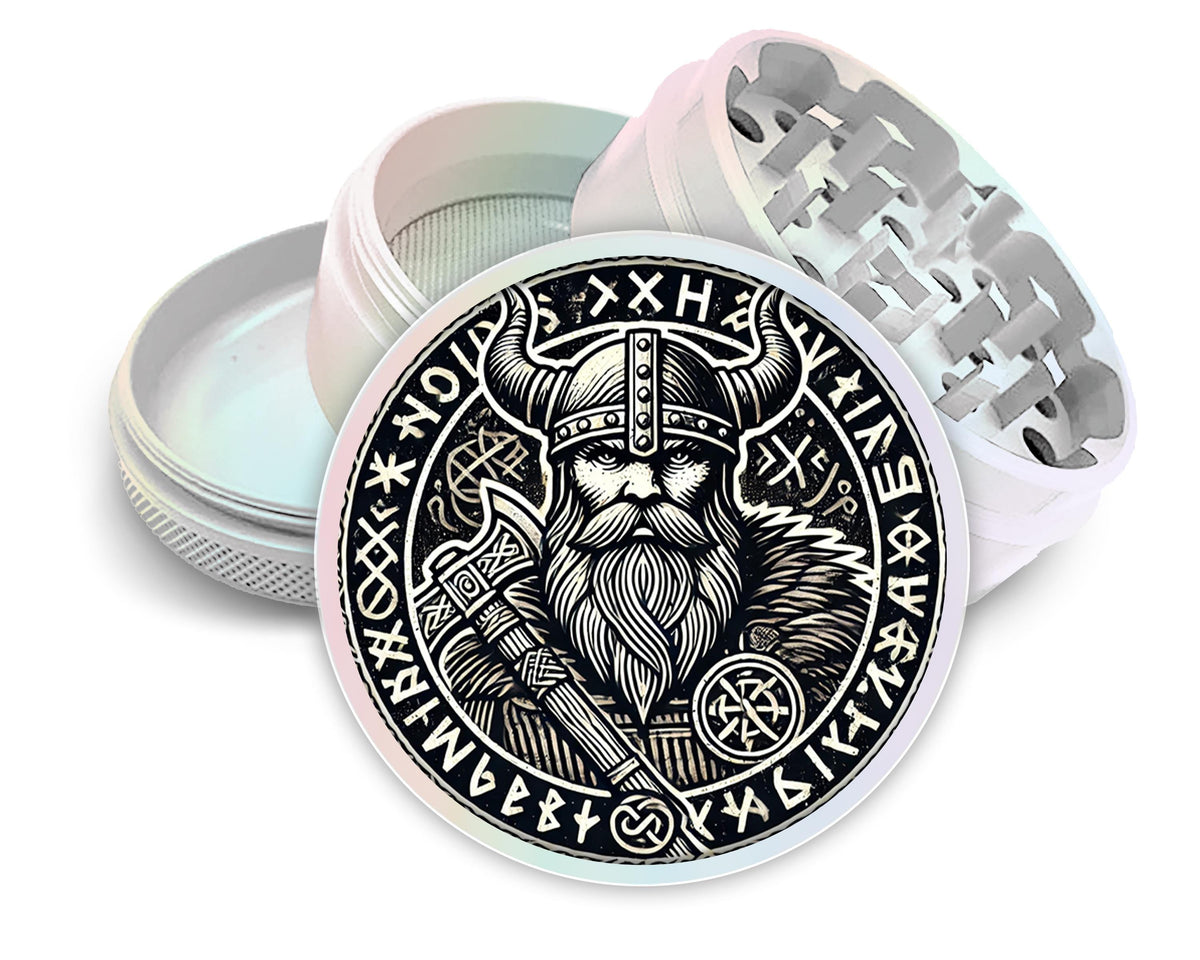 Viking warrior and runes design on pearl white herb grinder with open product view