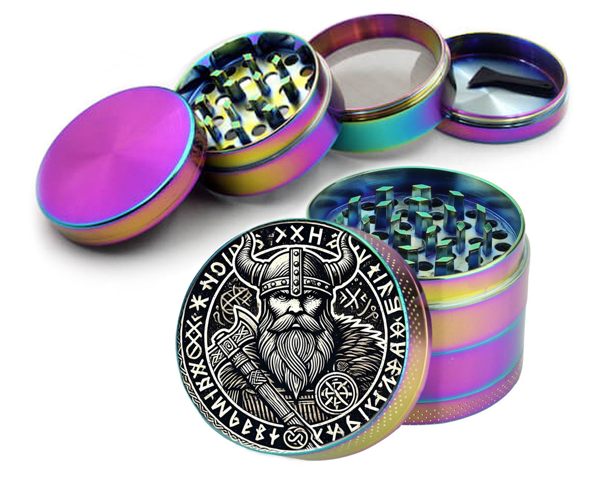 Viking warrior and runes design on rainbow herb grinder with open product view
